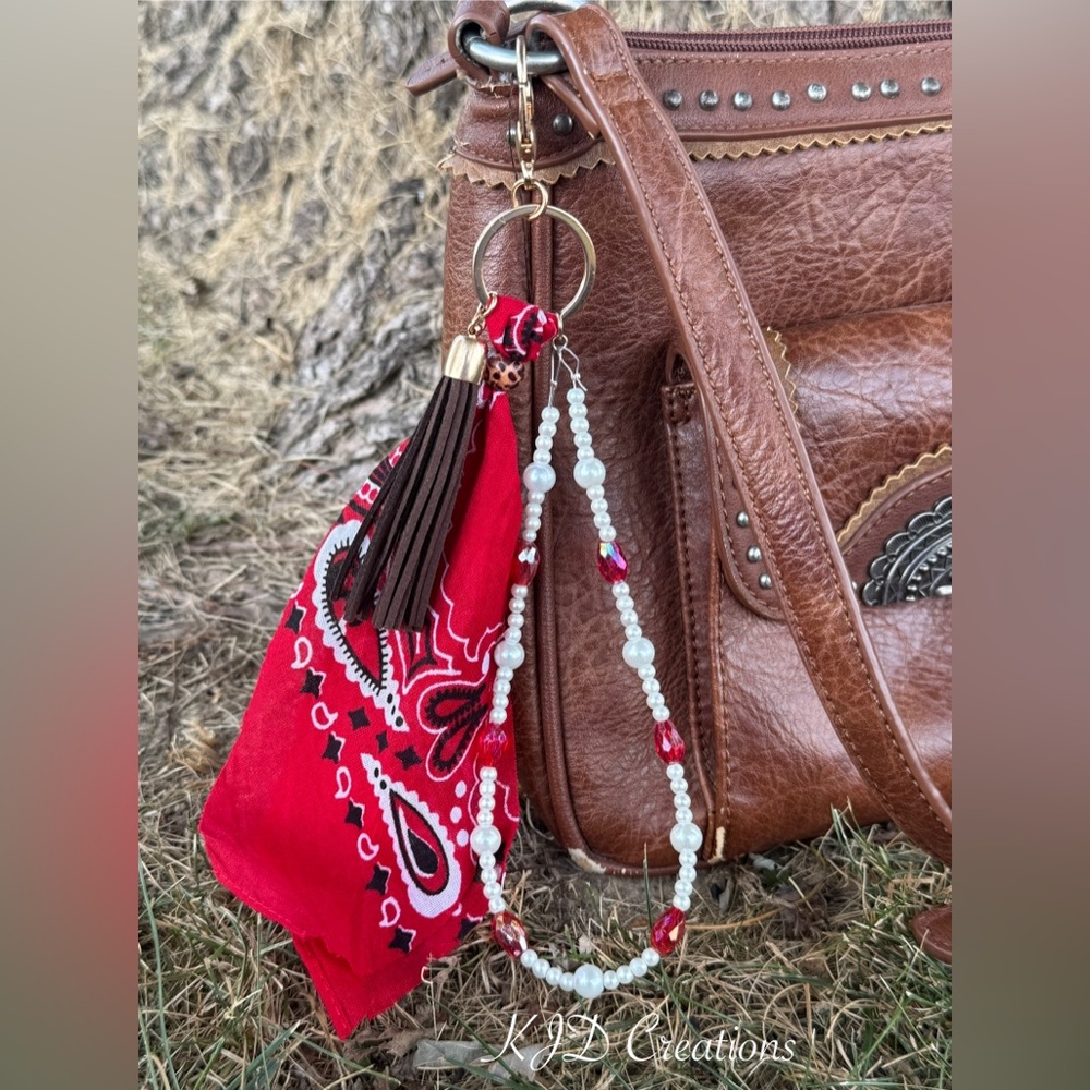 Red Bandana Keychain Bag Charm with leather tassel, pearls & beads